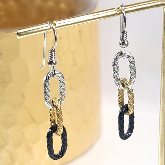 Tri-Color Link Earrings, Silver, Gold & Black Dangle Earrings, Modern Jewelry - Picture 7 of 10